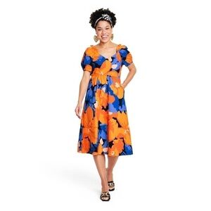 Tabitha Brown Floral Print Puff-Sleeve Tie-Back Midi Dress, Size 4